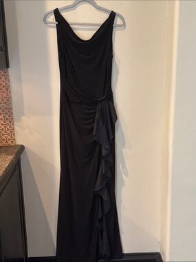 Betsy & Adam Black Sleeveless Cowl Maxi with Side Ruffle
